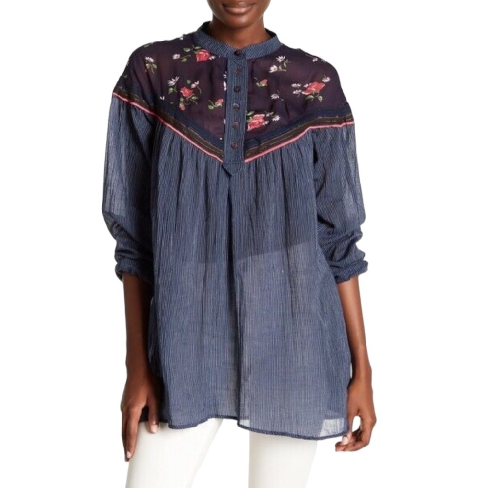 FREE People Navy Blue Pinstripe Sheer Floral Boho Oversized Tunic Blouse Top